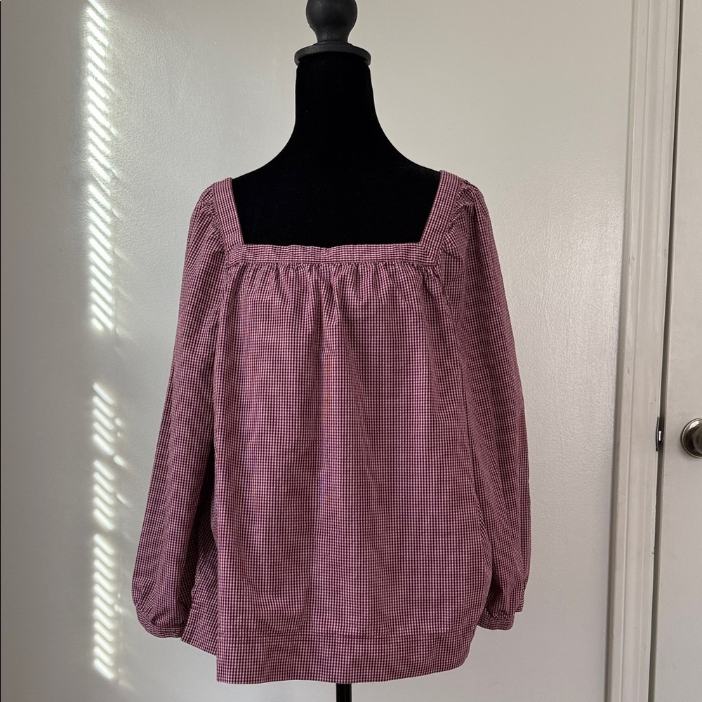 J.Crew Pink Gingham Square Neck Peasant Blouse Cottagecore Cotton XL